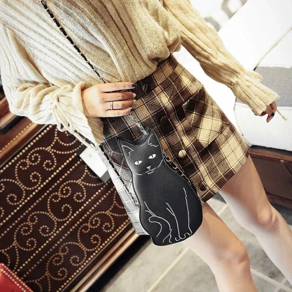 Black Cat Crossbody Chain Bag Pocketbook Purse Fur Mom Lady Faux Leather - Picture 5 of 8